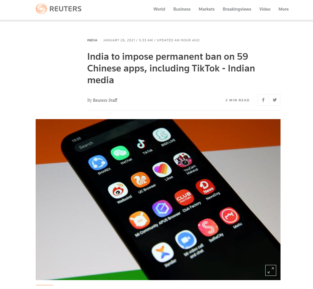 印媒：印度宣布將永久禁止59款中國(guó)APP，包括百度、UC瀏覽器等